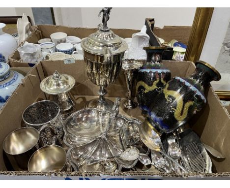 A box of platedware to include a pair of cloisonne enamel vases (A.F.)