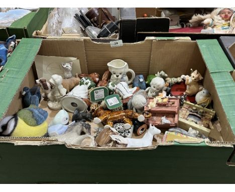 Two boxes of vintage and later china and resin animal figurines including Beswick cats, various makers