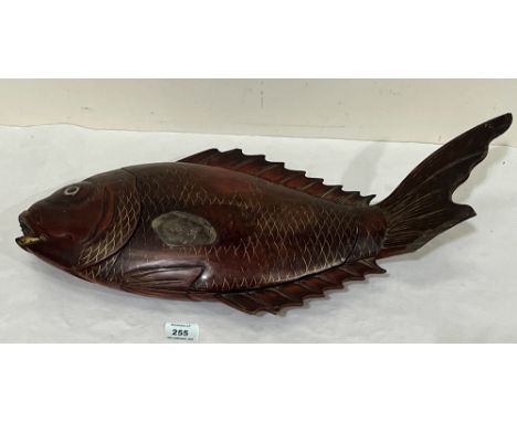 A Japanese lacquer fish box with gilt scales and glass eye. 23" long. Losses