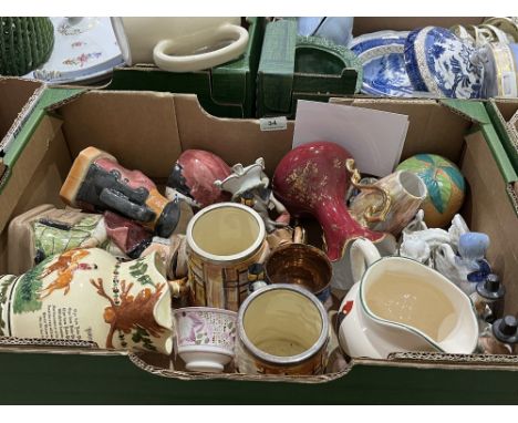 Three boxes of mixed vintage china and ceramics to include character jugs, figurines etc.