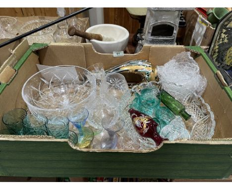 Two boxes of mixed vintage glassware to include cut glass pedestal bowl, a Rosenthal plaque, Murano style bird, Mary Gregory 