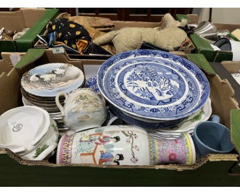 Two boxes of antique and vintage china to include a blue and white willow pattern stand, Japanese eggshell items, 19th centur