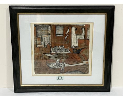 MYFANWY KITCHIN. WELSH 1917-2002 Assembly Shop (Wellman Crane Walsall). Signed 'Myf'. Inscribed verso. Etching 10" x 11"