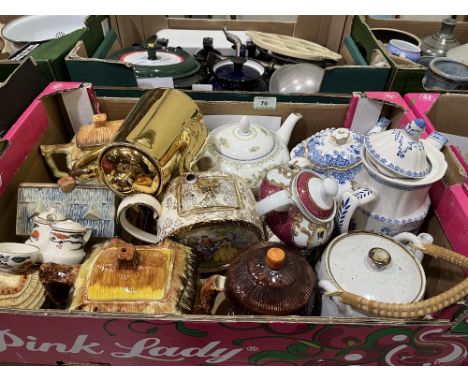Two boxes of antique and vintage teapots including cottage ware, cruets etc.