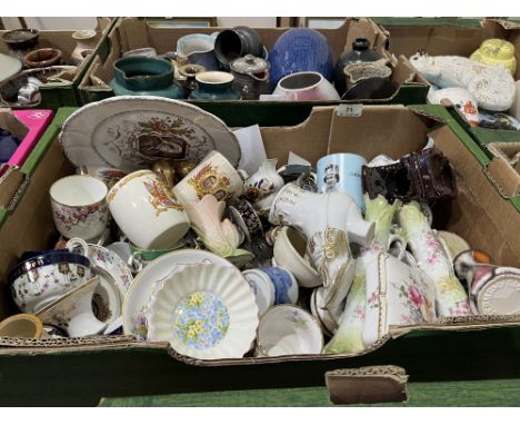 A box of antique and vintage decorative china items to include royal commemorative ware, trinkets, boxes, miniatures etc. Var