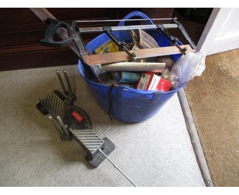 Miscellaneous tools to include saws, locks, brass handles, a wooden square and other items 