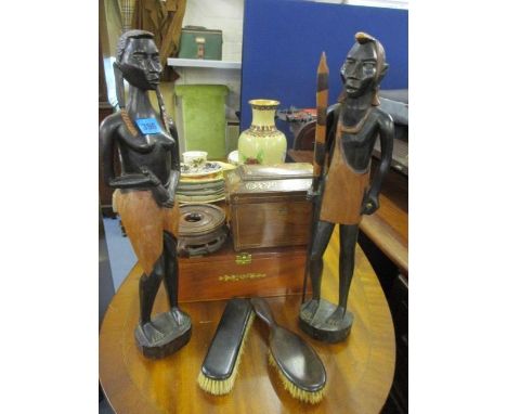 African figures and ebonized brushes, together with a Regency walnut tea caddy and a 1971 cigar box 