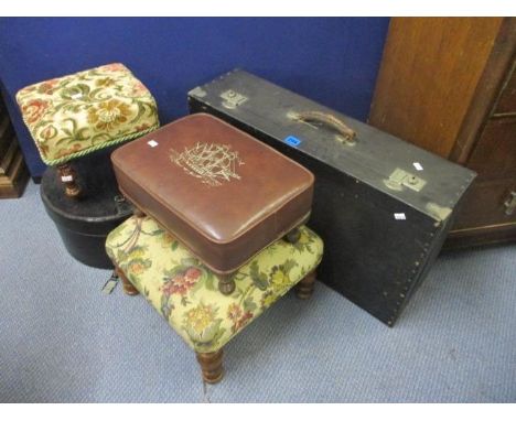 A vintage hat box, three footstools, a trunk and a suitcase 