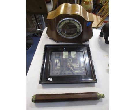 An early 20th century walnut cased mantle clock, together with a telescope and a Victorian print 
