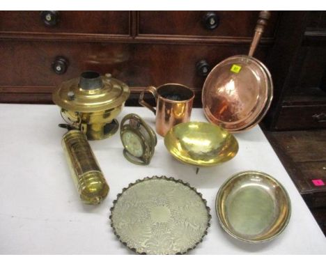 A quantity of metalware to include a 19th century copper tankard and a converted clock, together with a Pyrene brass fire ext