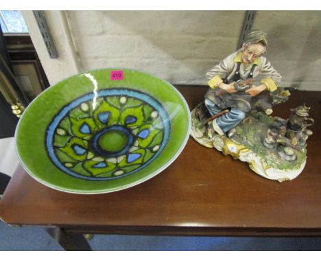 A Poole Pottery Aegean bowl, artist initials LG, and a Capodimonte figure 