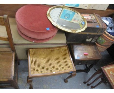Mixed furniture to include two stools, a pouffe, a mirror and a suitcase 