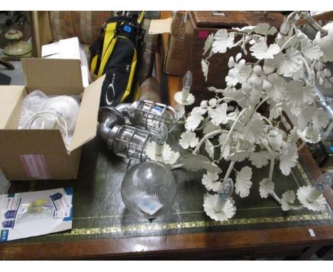 Two storm lights, a white flower enamel chandelier, a pendant and three drop lights 