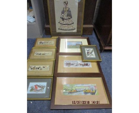 Eight mixed silk panels depicting various scenes including hunting, together with a fabric picture of Madam Bovary by Joan El