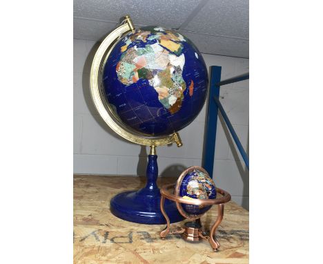 TWO MODERN HARDSTONE EFFECT TERRESTRIAL GLOBES, one on a blue plinth, approx. height 65cm, the other fitted with a compass in