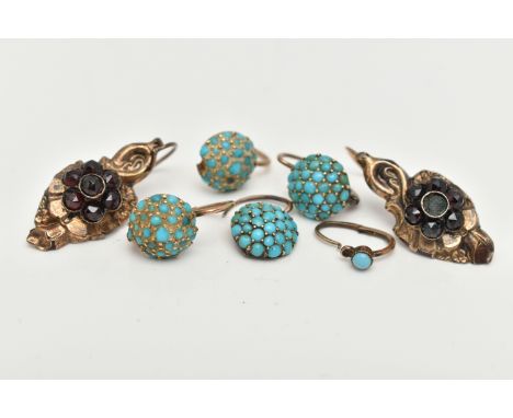 THREE PAIRS OF EARRINGS AND A SINGLE EARRING, the first designed as a garnet cluster within an embossed floral and foliate su