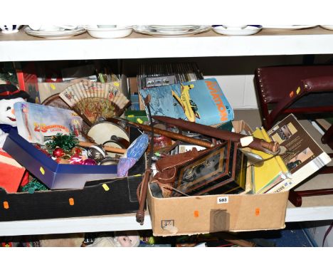 FIVE BOXES OF CHRISTMAS DECORATIONS AND MISCELLANEOUS SUNDRIES, to include vintage Christmas baubles and ornaments, metal cas