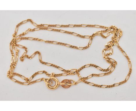 A YELLOW METAL FINE FIGARO CHAIN, fitted with a spring clasp, stamped 585, length 440mm, approximate gross weight 2.0 grams (