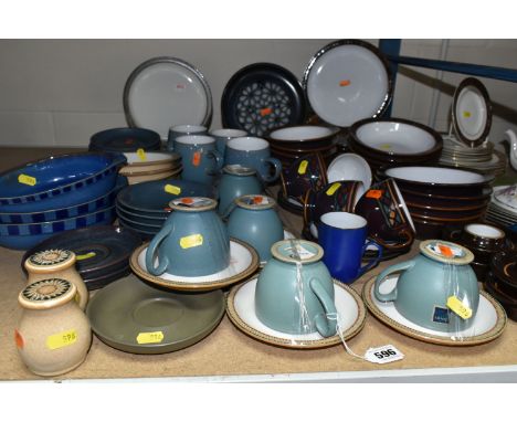 A LARGE COLLECTION OF DENBY TABLEWARE, comprising five 'Luxor' design cups and five saucers, four dishes, four plates (second