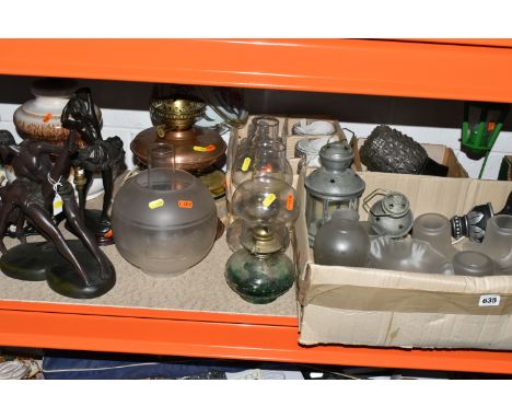 ONE BOX AND LOOSE LAMPS AND GLASS SHADES, to include a copper oil lamp, two glass reservoir oil lamps, assorted glass shades,