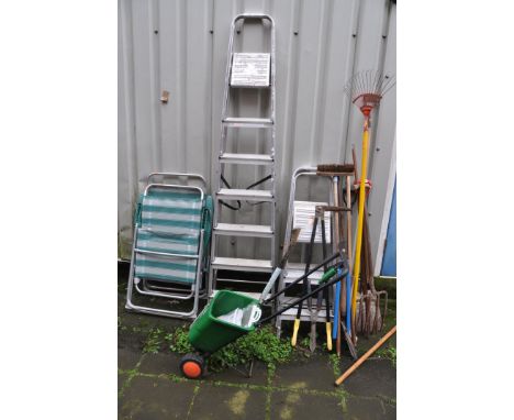 THREE ALUMINIUM STEP LADDERS, two folding garden chairs and a selection of garden tools