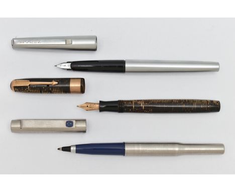 THREE PENS, the first a 'Parker' fountain pen, fitted with a nib stamped 14k, 9ct gold collar to the lid, hallmarked 9ct Lond
