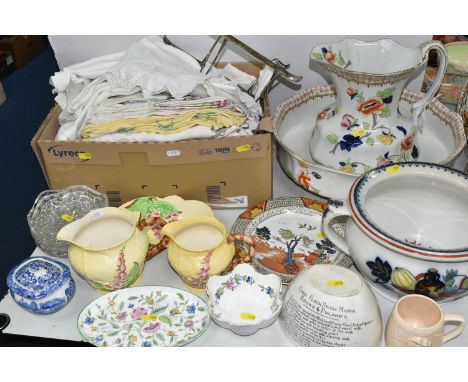 ONE BOX AND LOOSE CERAMICS AND TABLE LINEN, to include a Corona ware 'Peonie' pattern wash bowl and water pitcher, a Jeddo ch