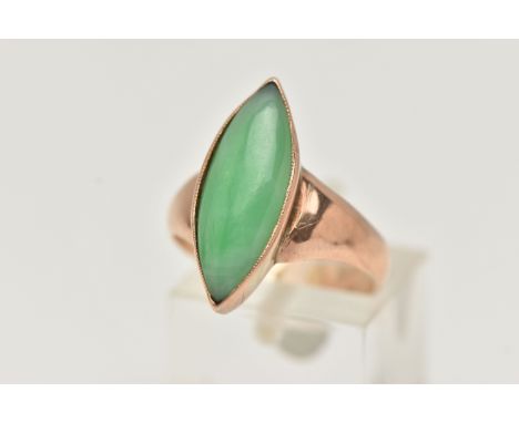 A ROSE METAL JADE DRESS RING, marquise jade cabochon, in a milgrain collet setting, measuring approximately 21.0mm x width 8.