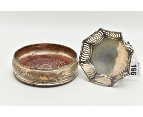 TWO SILVER ITEMS, the first a George V bonbon dish, octagon form with pierced detail, raised on four feet, hallmarked 'Walker