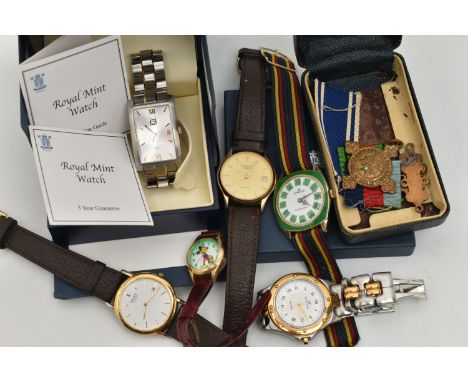 AN ASSORTMENT OF WRISTWATCHES, six wristwatches, names to include Rotary, Sindaco, Seiko, and Royal Mint, also including an A