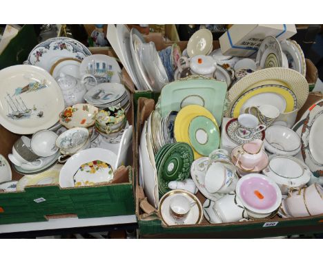 THREE BOXES OF NAMED PART TEAWARE, to include pink and gilt edged Tuscan tea cups, milk and sugar bowl, Crown Ducal 'Orange T