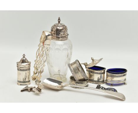A GEORGE III SILVER FIDDLE PATTERN CHEESE SCOOP AND OTHER ITEMS, cheese scoop of polished form, hallmarked 'William Eaton' Lo