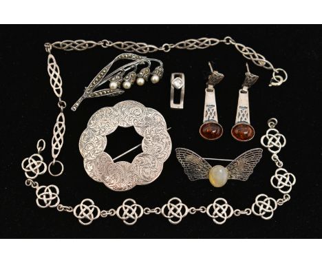 SEVEN PIECES OF WHITE METAL JEWELLERY, to include a pair of amber cabochon set drop earrings, post and scroll fittings, unmar