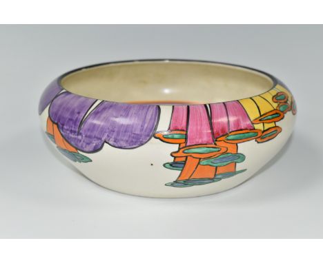 A CLARICE CLIFF 'LATONA' BOWL, with stylised angel's trumpet decoration, orange and purple band to interior, bearing backstam