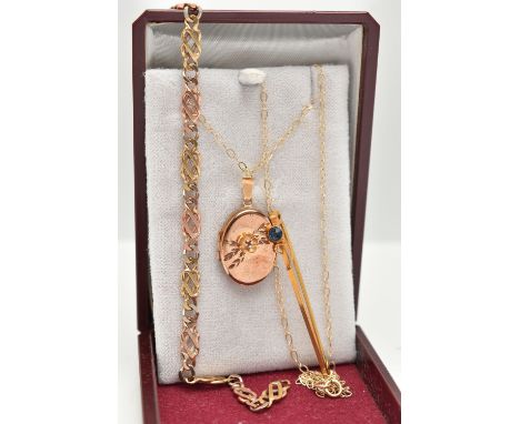 THREE PIECES OF JEWELLERY, to include a 9ct gold oval locket pendant, decorated with a floral pattern set with a small ruby, 