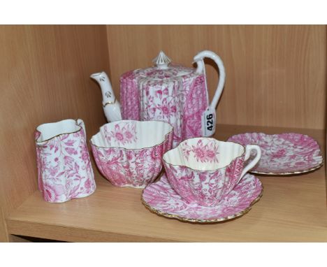 AN EARLY 20TH CENTURY WILEMAN &amp; CO ALEXANDRA SHAPE PART TEA FOR TWO SET, pink Japanese style transfer printed decoration,