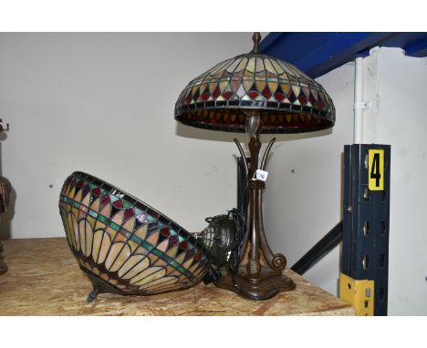 A LARGE TIFFANY STYLE LEADED GLASS TABLE LAMP AND  SHADE, comprising matching multicoloured leaded glass shades, table lamp h