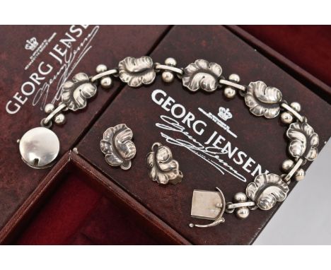 A 'GEORG JENSEN' BRACELET AND EARRINGS, moonlight grapes bracelet, design 96, fitted with a circular push pin clasp, approxim