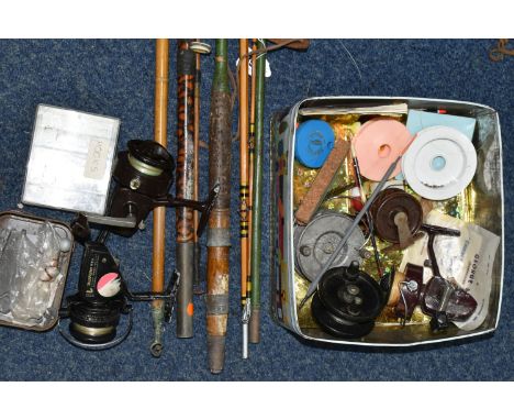 VINTAGE FISHING TACKLE ETC, to include an unbranded split cave fishing rod, approximate length 160cm - needs some new rings, 