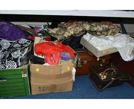 FIVE BOXES AND LOOSE CLOTHING AND ACCESSORIES ETC, to include two boxes of fancy dress items, Leather Irvin style bomber jack