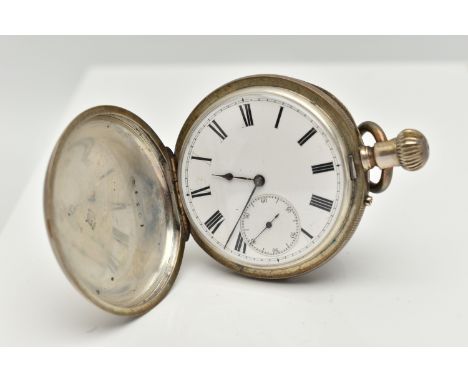 A WHITE METAL FULL HUNTER POCKET WATCH, manual wind, round white Roman numeral dial, subsidiary dial at the six o'clock posit