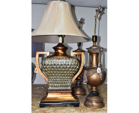 THREE BRONZED TABLE LAMPS, comprising a pair of bronzed urn style lamps missing shades, height 80cm to top of finial, togethe