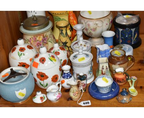 A GROUP OF NAMED CERAMICS, to include a Carlton ware tobacco jar, three Goebel 'Poppy' pattern kitchen cannisters (crazed, cr