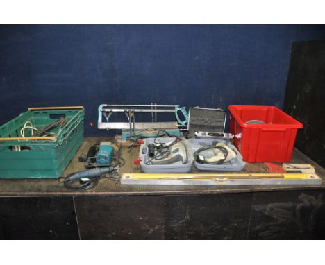 TWO TRAYS CONTAINING POWER AND HAND TOOLS including 110volt Makita jigsaw and a Duplex knibbler (untested), a Black and Decke