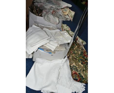 TWO BOXES OF VINTAGE CURTAINS AND TABLE LINEN, to include a quantity of curtain linings, lace and crocheted table linen, curt