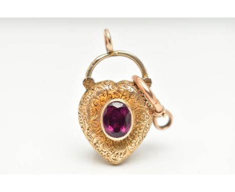 A VICTORIAN YELLOW METAL PADLOCK CLASP AND A BOLT SPRING CLASP, foliate detailed heart set with a central oval cut garnet, co