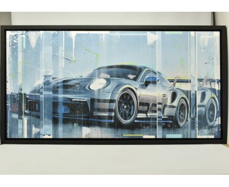 KRIS HARDY (BRITISH 1978) 'PORSCHE 911 III', a contemporary depiction of a speeding supercar, signed bottom right, oil on can