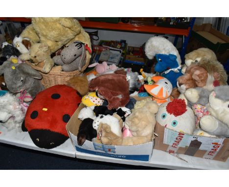 FOUR BOXES/BASKET AND LOOSE VINTAGE SOFT TOYS, to include a Keele Toys Lion, a Smurf, original BBC Pudsey bear, Salco Cuddle 