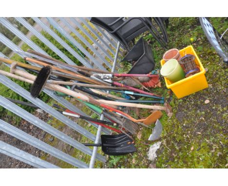 A SELECTION OF GARDEN TOOLS AND PLANT POTS including rakes, forks, hoes, etc