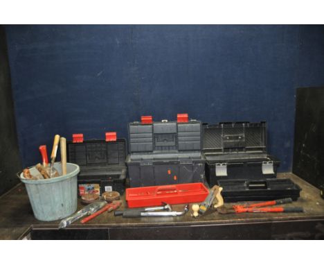 THREE PLASTIC TOOLBOXES AND A BUCKET CONTAINING TOOLS including shoulder and hand braces, hammers, planes, two Stilsons, bolt